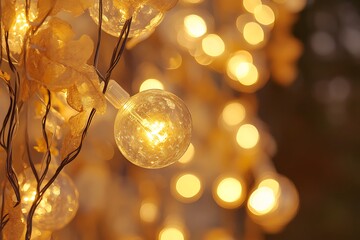 Poster - Glowing String Lights with Gold Leaves Decor on Dark Background Warm Festive Illumination