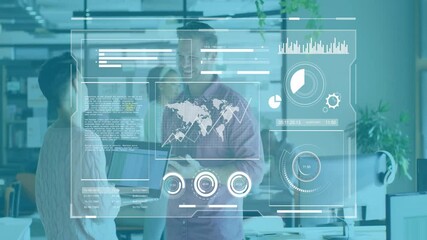 Poster - Discussing data analytics, business professionals using digital interface in office meeting