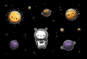 Wall Mural - a cartoon astronaut surrounded by planets and stars in a black background the astronaut is wearing a