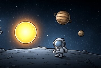 Wall Mural - an astronaut walking on the moon with planets in the background the astronaut is wearing a space sui