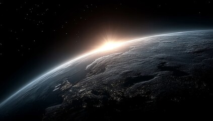 Wall Mural - the sun rising over the earth from space, with a dark background and stars twinkling in the night sk