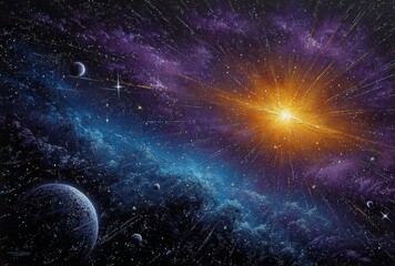 Wall Mural - a colorful nebula with planets and stars in the background, illuminated by a bright light it is an a