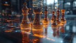 © BAYU - Chess pieces on futuristic board, city backdrop, strategy