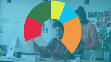 Poster - Diverse team collaborating at computer with colorful pie chart animation overlay