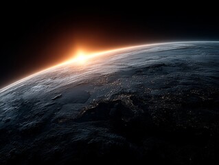 Wall Mural - the earth from space at night, illuminated by the sun's rays and surrounded by a dark background