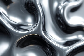 Poster - Close Up Texture of Liquid Shiny Silver Metal - Abstract background, metallic texture, silver liquid, reflective surface, flowing design. Symbolizing fluidity, technology, luxury, modernity