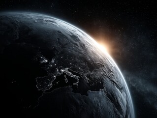 the earth from space with the sun in the background, illuminated by its light and surrounded by star