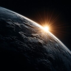 Wall Mural - the sun rising over the earth from space, with a dark background the sun is in the center of the ima