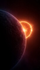 Wall Mural - an artist's impression of a red dwarf planet with a sun in the background, surrounded by stars in a 
