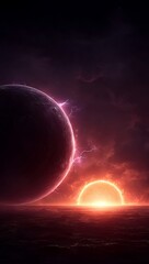 Wall Mural - a red planet in the sky with a bright orange sun in the background, surrounded by dark clouds and il