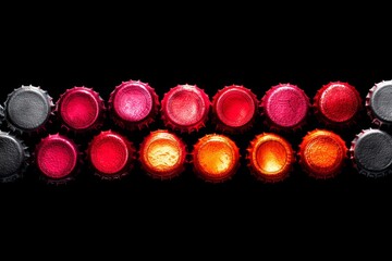 Poster - Colorful Beer Bottle Cap Gradient - Artistic arrangement of beer bottle caps showcasing a vibrant color gradient, symbolizing diversity, transition, celebration, craftsmanship, and brewing