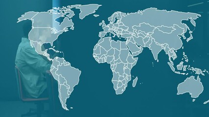 Poster - In office, people discussing business meeting with world map animation overlay