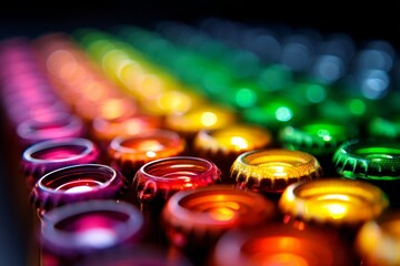 Poster - Colorful Bottle Caps in a Row - Close-up of vibrant bottle caps arranged in a rainbow pattern. A colorful and visually appealing