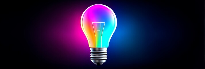 Poster - Colorful Light Bulb Illumination - A vibrant, rainbow-colored light bulb glows against a dark background, symbolizing innovation and ideas