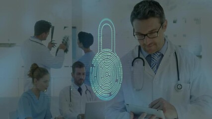 Poster - Doctors working with digital security lock and fingerprint animation overlay