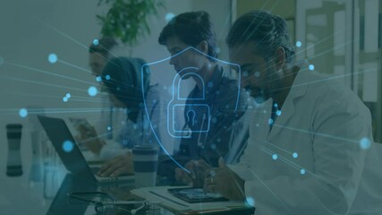 Poster - Security lock animation over diverse professionals working on laptops and tablets