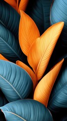 Wall Mural - Vibrant tropical leaves, deep teal and burnt orange.  Intricate textures, close-up