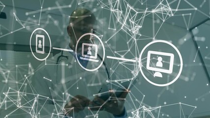 Aufkleber - Network of connections and data processing animation over person using tablet