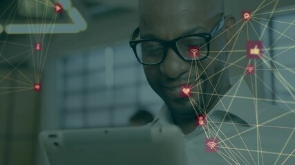 Poster - Using tablet with animation of digital network icons, person smiling