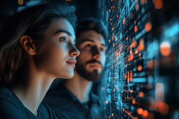 Poster - Young adults explore advanced digital interface in a modern tech environment at night