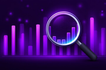 Poster - Data Analysis Magnifying Growth - Magnifying glass focuses on vibrant purple bar graph, highlighting upward trend. Data analysis concept