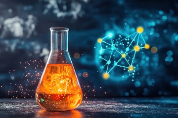 Poster - Experimental lab setup showcasing a glowing orange liquid in a flask against a digital backdrop