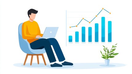 Poster - data-driven growth: boosting sales and revenue - man analyzing data on laptop, sales graph shows upw