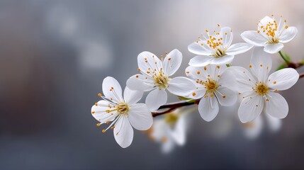 Poster - Delicate Spring Blossoms in Soft Light - Five delicate white blossoms symbolize purity, new beginnings, spring's arrival, hope, and tranquility. Soft light enhances their beauty