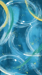 Poster - Dynamic brushstrokes create swirling patterns across a vibrant blue canvas, accented with gold and white details, forming an abstract expression of motion and energy