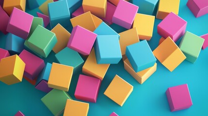 Poster - Many colorful cubes are piling up on a turquoise background, creating an abstract and vibrant composition with various colors like pink, yellow, blue, and green