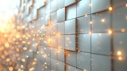 Poster - Golden particles are flowing over white cubes, creating a beautiful and abstract background perfect for technology, innovation, and futuristic concepts