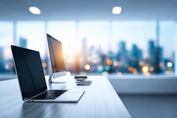 Poster - Evening Cityscape Office Workspace - Modern office, laptop, desktop, city view, evening ambiance. Symbolizing productivity, technology, success, innovation, and urban life