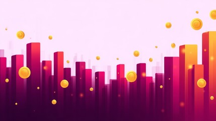 Poster - Financial Growth Cityscape - Abstract cityscape illustration depicting rising financial growth with gold coins. Ideal for business, finance, and investment concepts