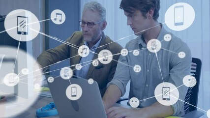 Poster - Collaborating at desk, two men working with animation of digital network icons
