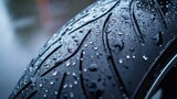Wet motorcycle tire close-up, rain droplets, blurred background, transportation safety