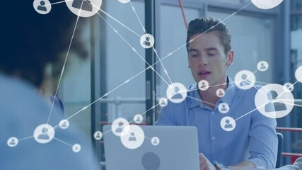 Poster - Business professionals working on laptops with network connections animation overlay
