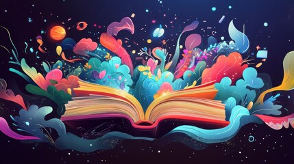 Wall Mural - colorful open book with vibrant abstract floral and cosmic elements bursting from its pages.