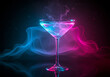 © MaC GFX Studio - An enigmatic martini glass filled with a vibrant blue liquid swirling mysteriously within a smoky pink and blue backdrop illuminated with dramatic neon lighting creating a AI Generative