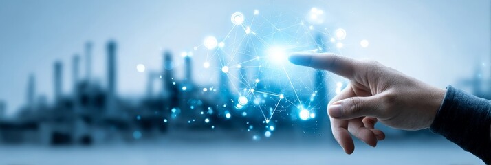 Poster - Innovation Transforming Industry - A hand interacts with a network, symbolizing technological advancement, connectivity, industrial progress, data visualization, and future innovation