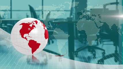 Poster - In modern office, animation of globe spinning with red lines over digital map