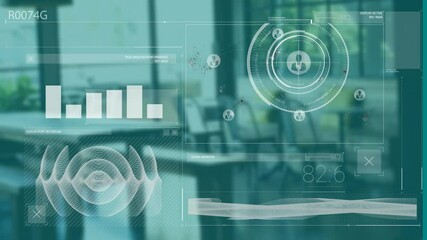 Poster - Displaying data analytics and network connections on digital interface in office