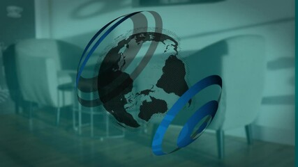 Poster - Digital animation of globe with blue rings in office setting background
