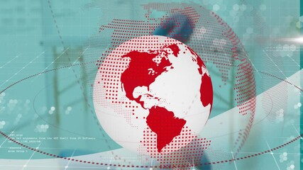 Poster - animation showing white globe with red continents on digital world map background