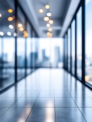 Poster - Modern Office Corridor Blurred Background - A serene, modern office space with blurred city views, symbolizing success, progress, innovation, collaboration, and ambition
