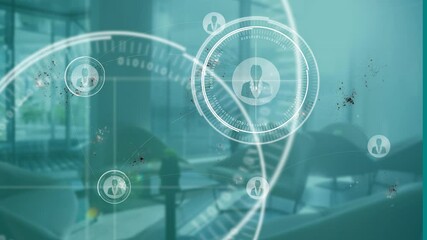 Poster - Digital network connections and data processing animation over modern office setting