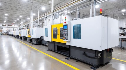 Poster - modern plastic injection molding facility - clean, well-lit factory floor showcasing a row of modern