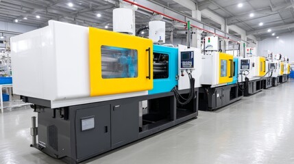 Poster - Modern Plastic Injection Molding Machines in Factory - Row of efficient, modern plastic injection molding machines in a clean factory setting. High-tech manufacturing