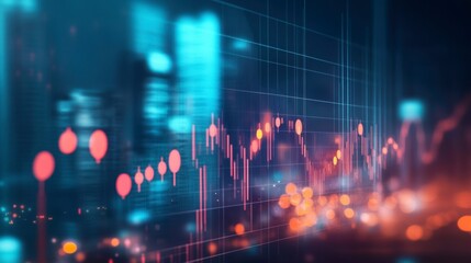 Poster - Abstract city lights with stock market graph overlay.