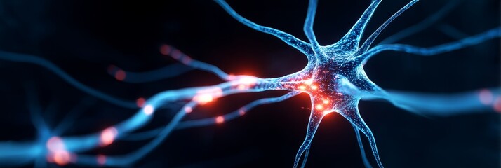 Poster - Neuron Cell Communication Network - Microscopic view of a neuron cell, showcasing its intricate network and communication pathways. Bright blue and red highlights show activity