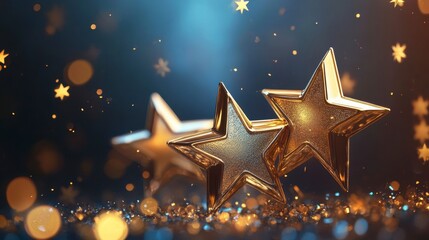 Wall Mural - two golden stars on glitter, dark blue background.